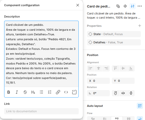 Painel Component configuration do Figma com o conjunto Card de pedido. O campo Description tem seis linhas, uma por regra: Card clicável de um pedido, Área de toque, Leitura, Estados, Zoom e Cor. Embaixo, o campo Link, vazio.