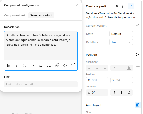 Painel Component configuration com a aba Selected variant ativa. A descrição diz: Detalhes=True, o botão Detalhes é a ação do card, a área de toque continua sendo o card inteiro, e Detalhes entra no fim do nome lido.