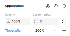 Seção Appearance do painel Design, com o modo da coleção Tipografia em 200%.